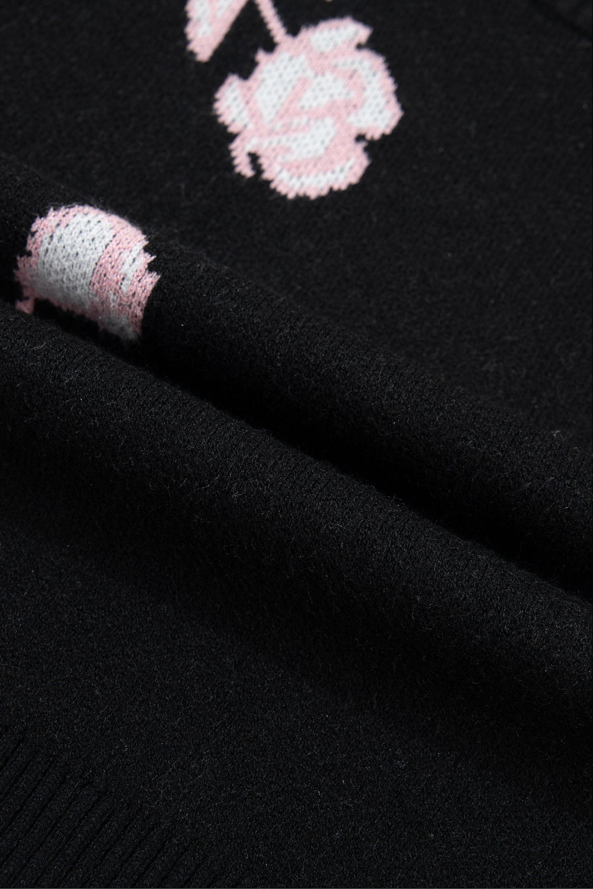 Black Floral Pattern Puff Sleeve Dropped Shoulder Pullover Sweater