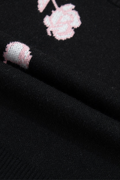 Black Floral Pattern Puff Sleeve Dropped Shoulder Pullover Sweater