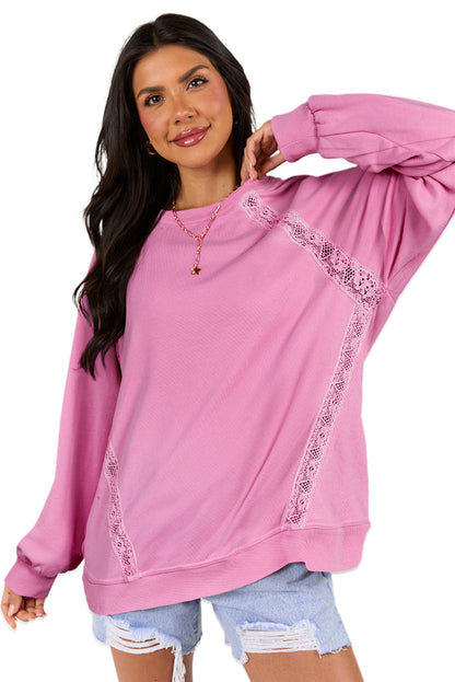 Bright Pink Lace Patched Raglan Sleeve Loose Fit Sweatshirt
