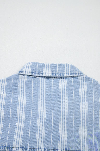 Sky Blue Stripe Boyfriend Chest Pocket Classic Denim Shacket