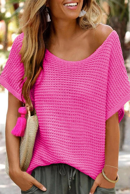 Pink Solid Loose Knit Short Dolman Sleeve Sweater - Chic Meadow Boutique 