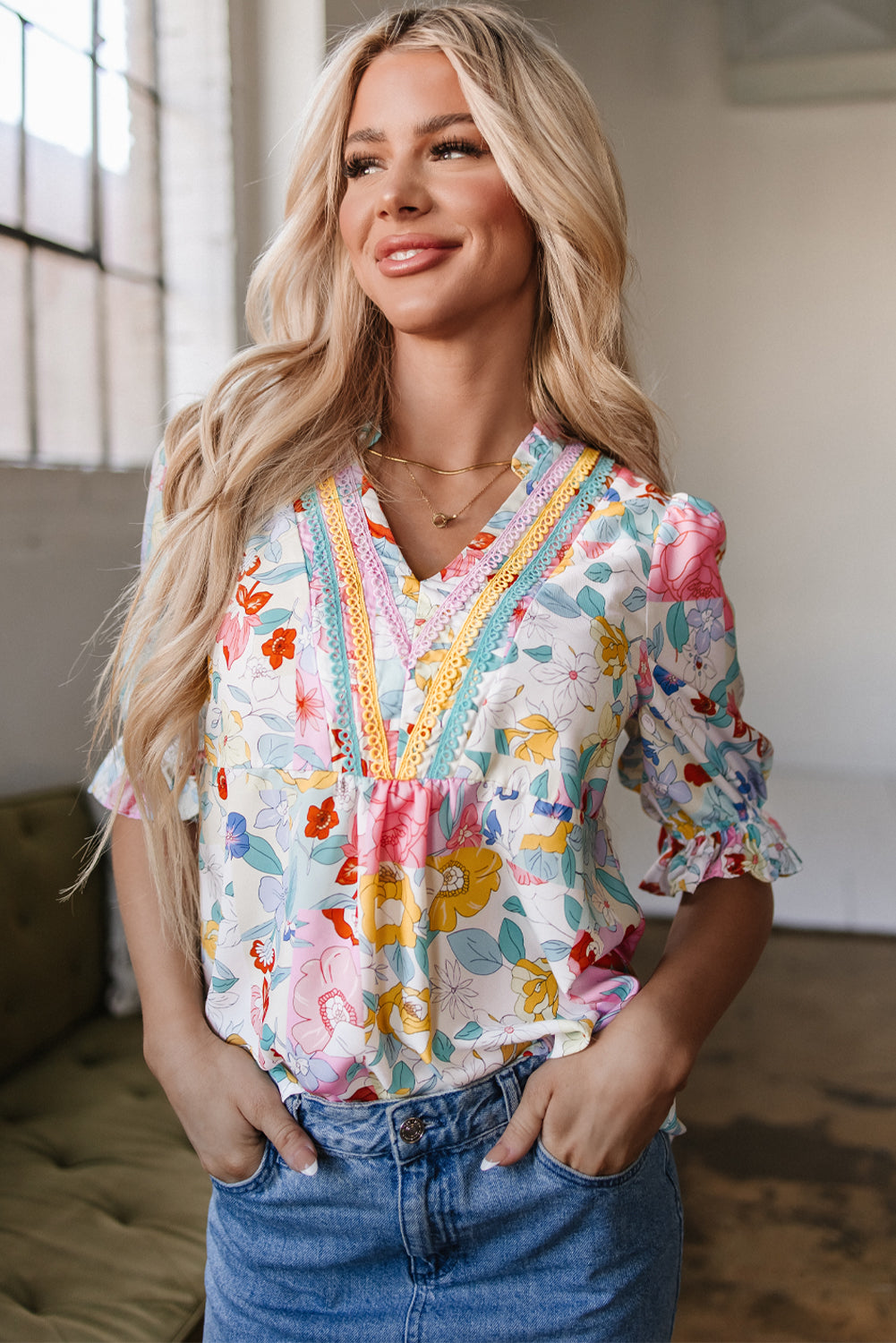 Pink Boho Flower Print Half Puff Sleeve Blouse