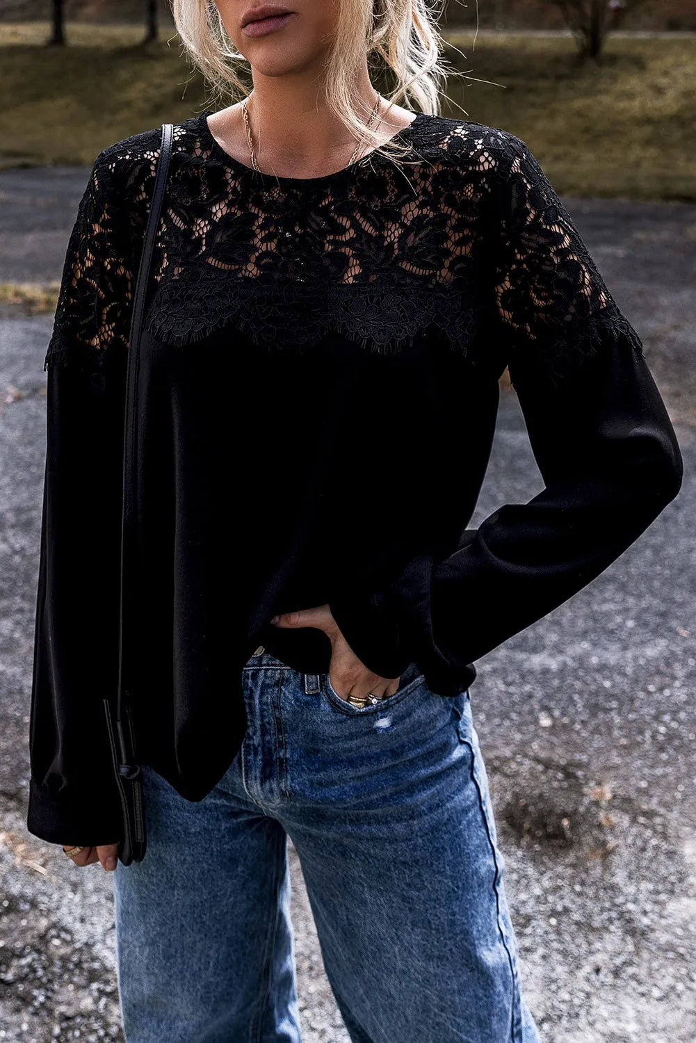 Black Lace Crochet Patchwork O Neck Long Sleeve Top - Chic Meadow Boutique 