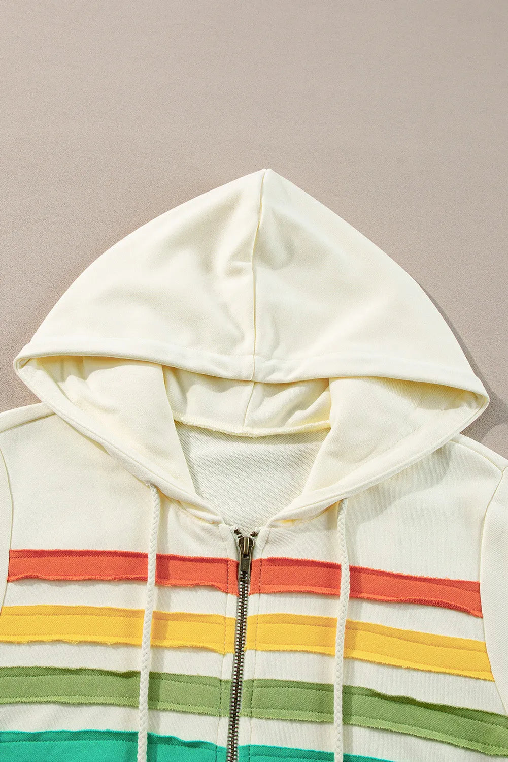 Apricot Colorblock Striped Patchwork Side Pockets Zipper Hoodie - Chic Meadow Boutique 