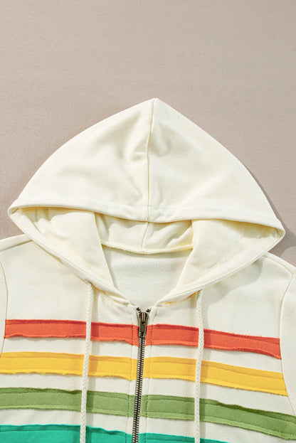 Apricot Colorblock Striped Patchwork Side Pockets Zipper Hoodie - Chic Meadow Boutique 