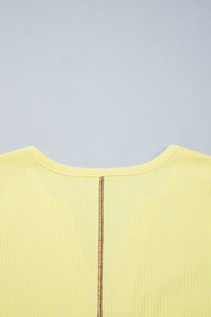 Banana Cream V Neck Ribbed Stitched Detail Long Sleeve Top