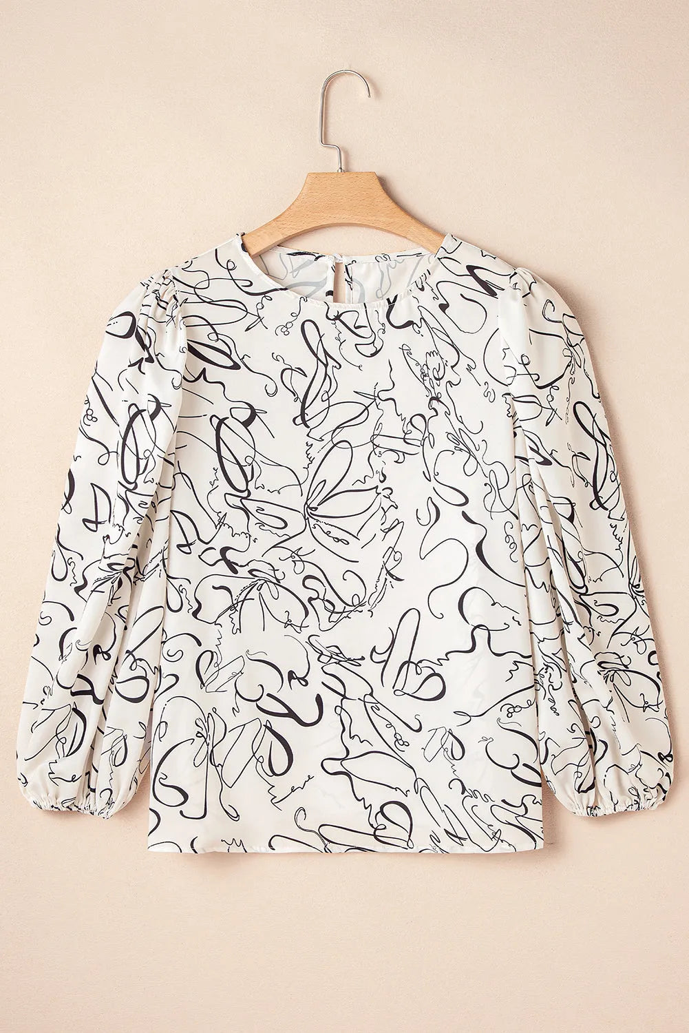 Beige Abstract Print Balloon Sleeve Crew Neck Blouse - Chic Meadow Boutique 