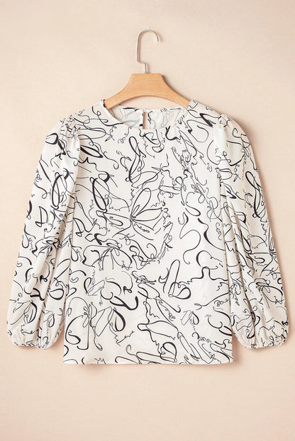 Beige Abstract Print Balloon Sleeve Crew Neck Blouse - Chic Meadow Boutique 