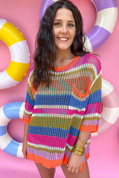 Orange Stripe Colorblock Hollowed Crochet 3/4 Sleeve Sweater - Chic Meadow Boutique 