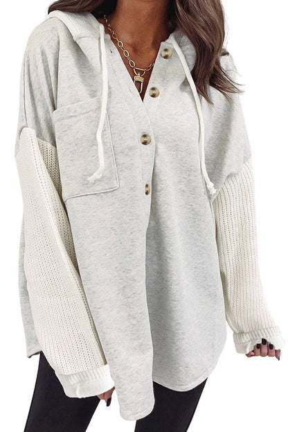 Gray Button Up Contrast Knitted Sleeves Hooded Jacket - Chic Meadow Boutique 