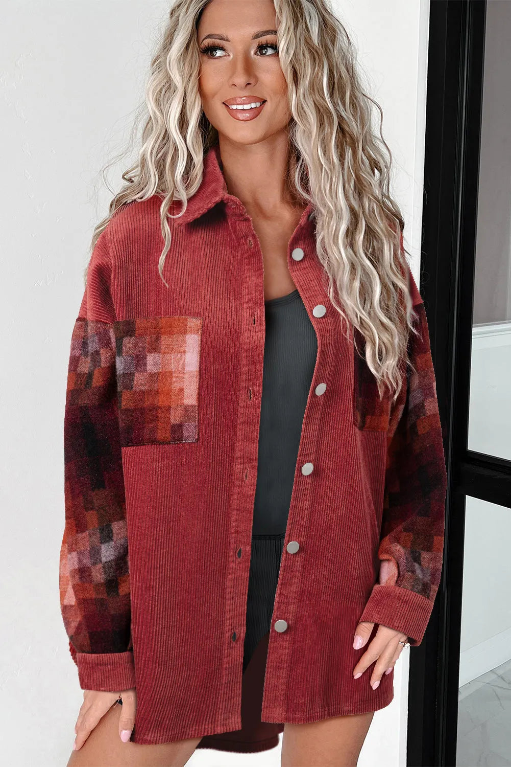 Gold Flame Checker Patchwork Raw Edge Oversized Corduroy Jacket - Chic Meadow Boutique 