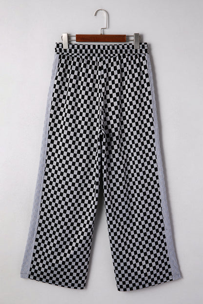 White Checkerboard Drawstring Waist Casual Pants