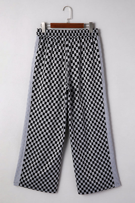 White Checkerboard Drawstring Waist Casual Pants