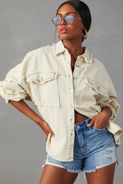 White Frayed Exposed Seam Denim Jacket - Chic Meadow Boutique 