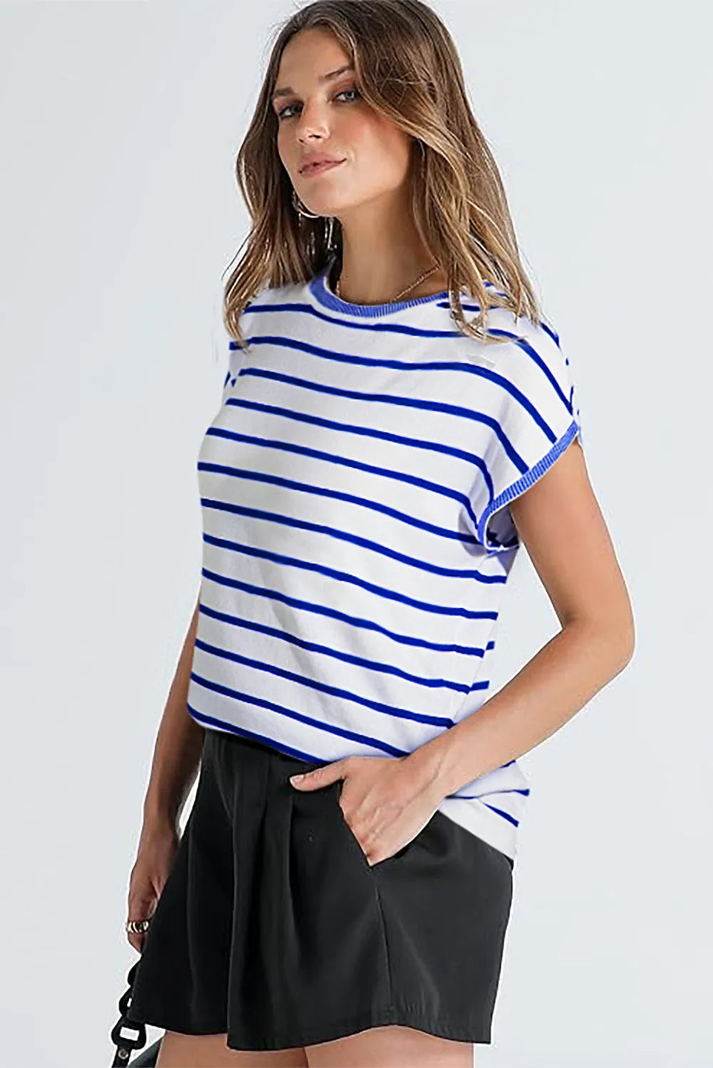 Sky Blue Stripe Knitted Bat Sleeve T Shirt - Chic Meadow Boutique 