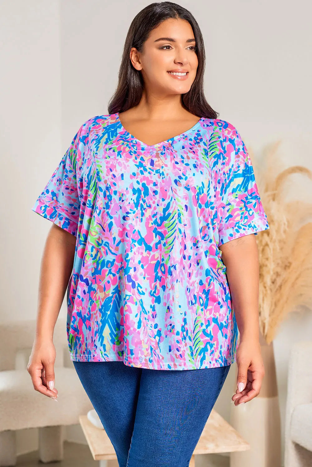 Sky Blue Plus Size Plant Print V Neck T-shirt - Chic Meadow Boutique 