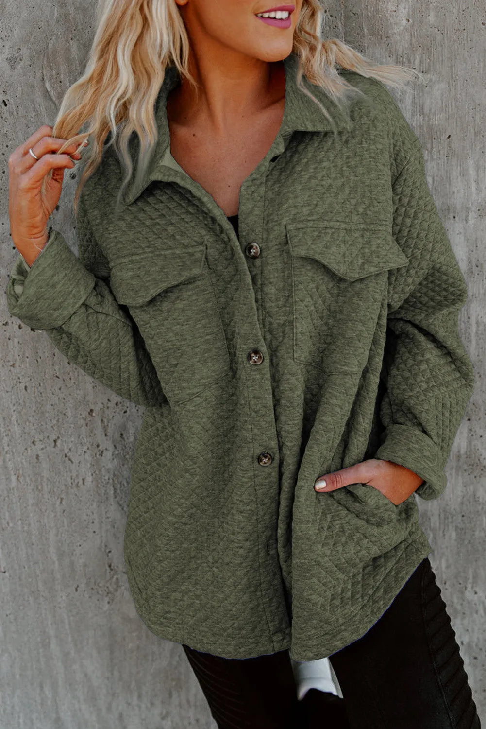 Green Retro Quilted Flap Pocket Button Shacket - Chic Meadow Boutique 