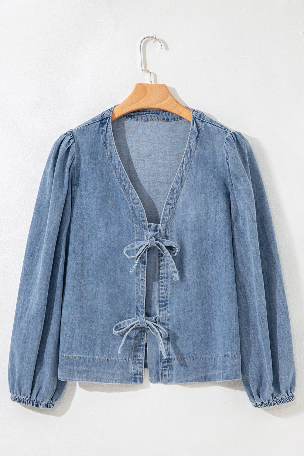 Dusk Blue Tied Front Long Puff Sleeve Denim Top