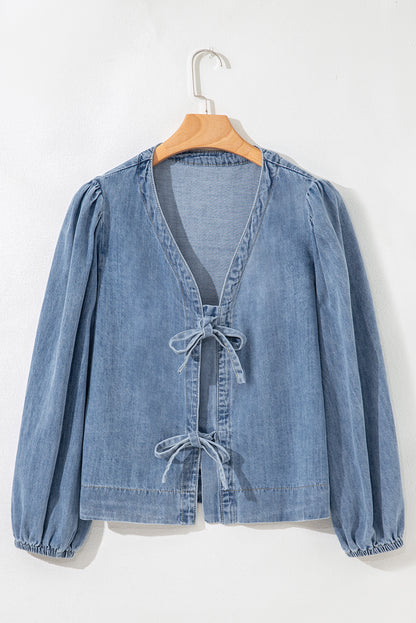Dusk Blue Tied Front Long Puff Sleeve Denim Top