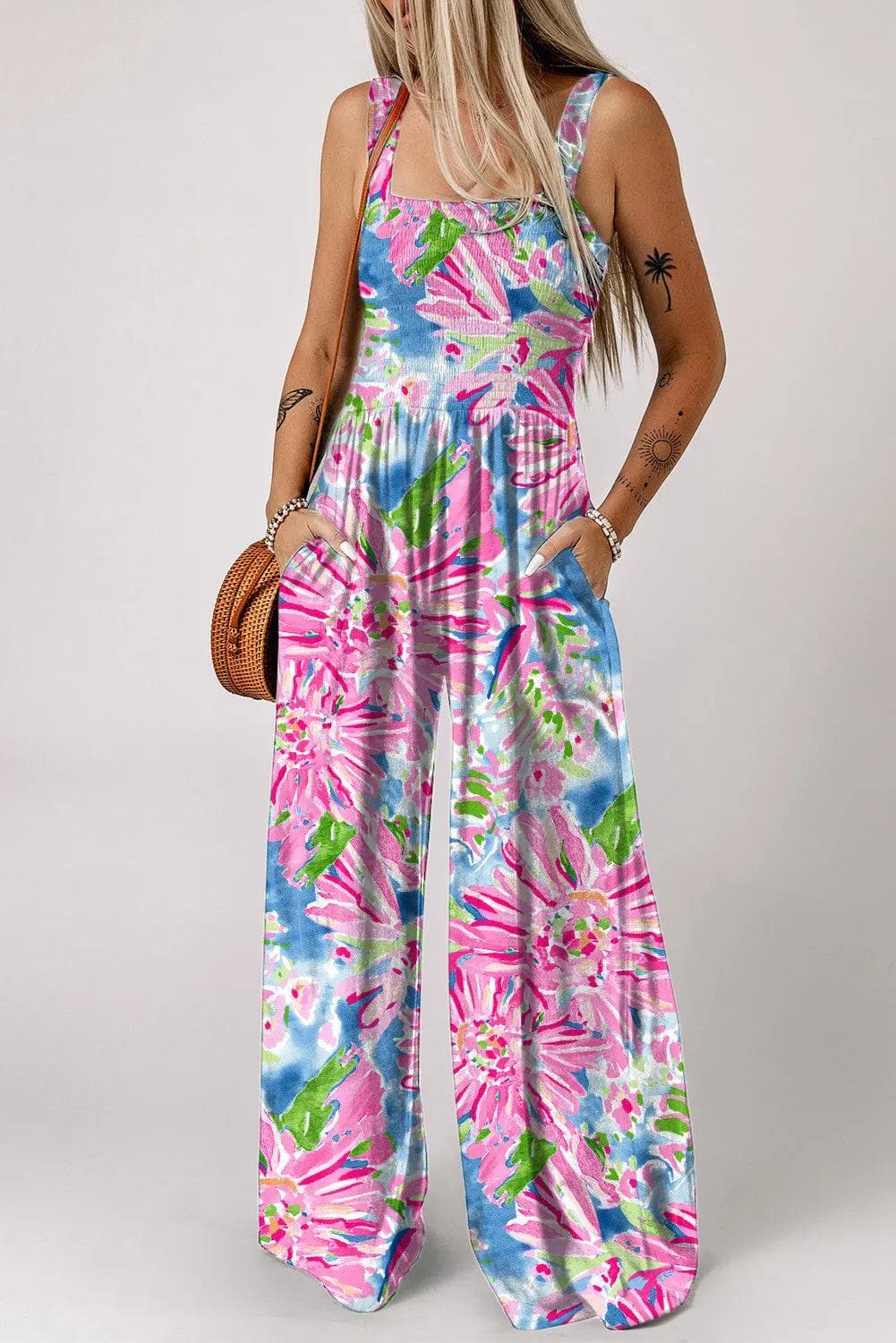 Pink Abstract Floral Painting Smocked Wide Leg Jumpsuit - Chic Meadow Boutique 