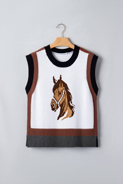 White Western Horse Head Colorblock Trim Sweater Vest