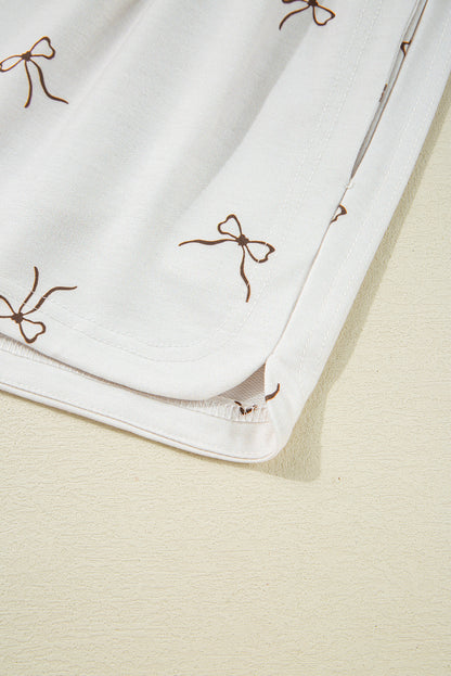 Beige Bow Print Half Zip Tank and Shorts 2pcs Set