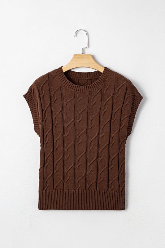Dark Brown Cable Texture Crew Neck Short Sleeve Sweater Top