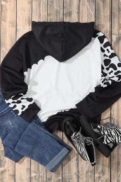 Black Cow Tie Dye Print Pocketed Drawstring Pullover Hoodie - Chic Meadow Boutique 