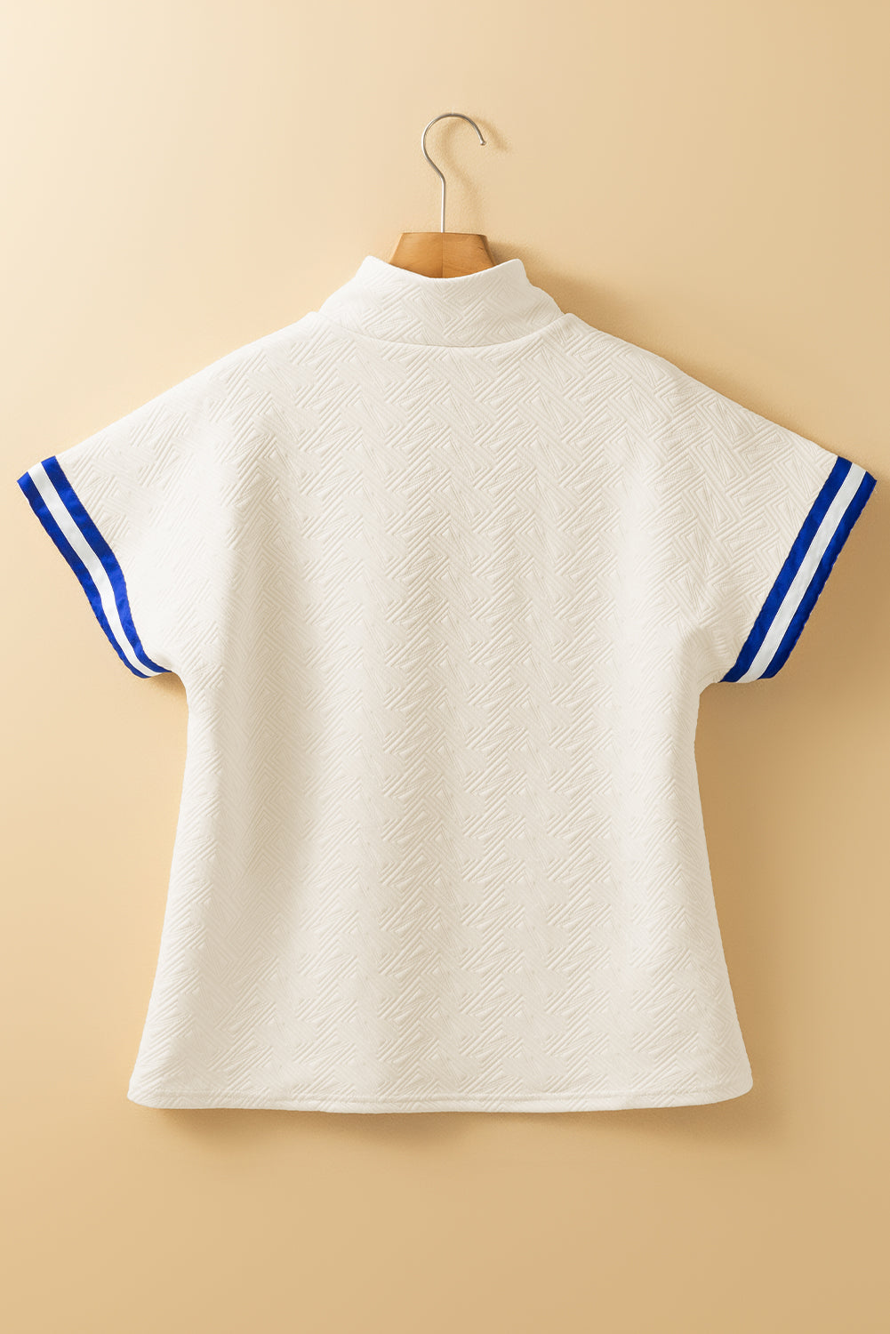 Beige Preppy Striped Trim Textured Quarter Zipper Colorblock Short Sleeve Top