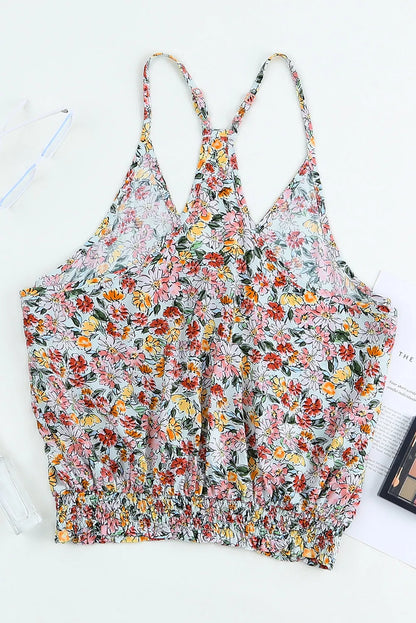 Multicolor Wrapped V Neck Floral Tank Crop Top - Chic Meadow Boutique 