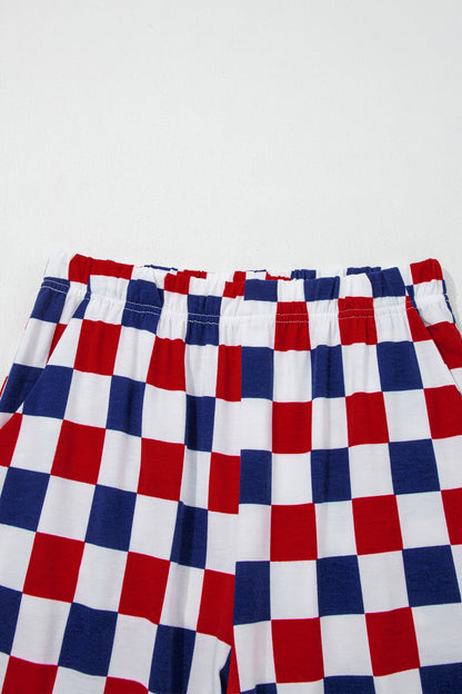 Red 2-Tone Checked Print High Waist Wide Leg Pants
