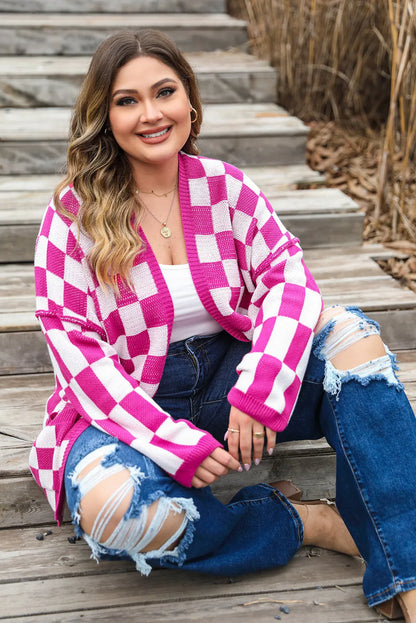 Bonbon Checkered Pattern Open Front Plus Size Cardigan - Chic Meadow Boutique 