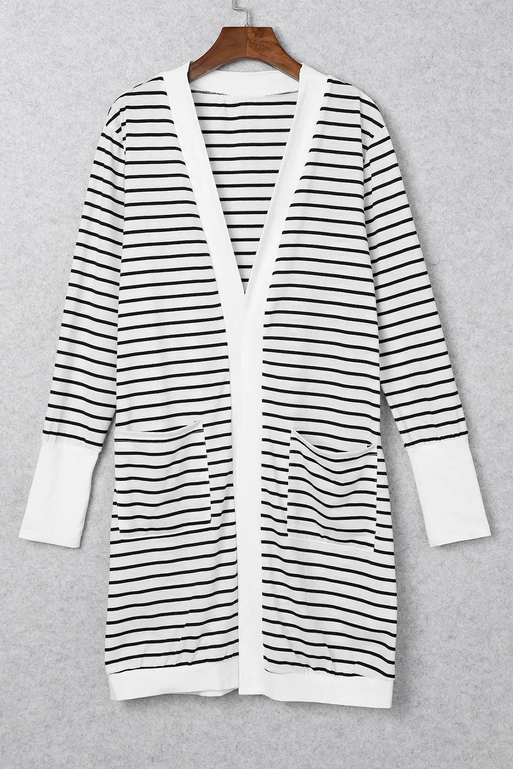 White Striped Side Pockets Open Front Cardigan - Chic Meadow Boutique 