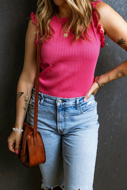 Bright Pink Ribbed Ruffled Sweater Tank - Chic Meadow Boutique 