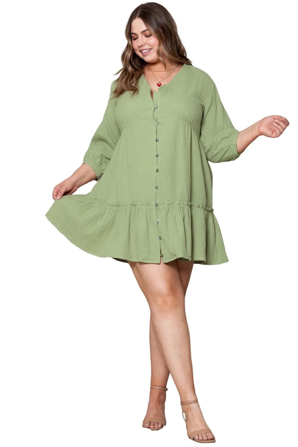 Plus Size/Plus Size Dresses/Plus Size Mini Dresses Green Textured Ruffled Buttoned V Neck Plus Size Mini Dress