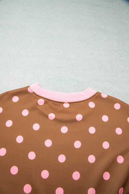Brown Polka Dot Colorblock Round Neck Pullover Sweatshirt