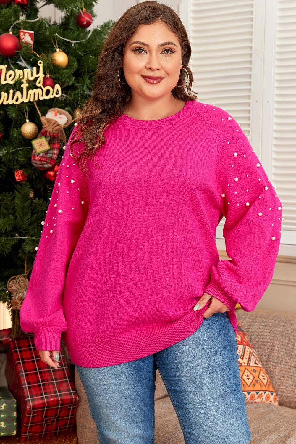 Plus Size/Plus Size Sweaters & Cardigans Strawberry Pink Pearled Decor Raglan Sleeve Plus Size Sweater