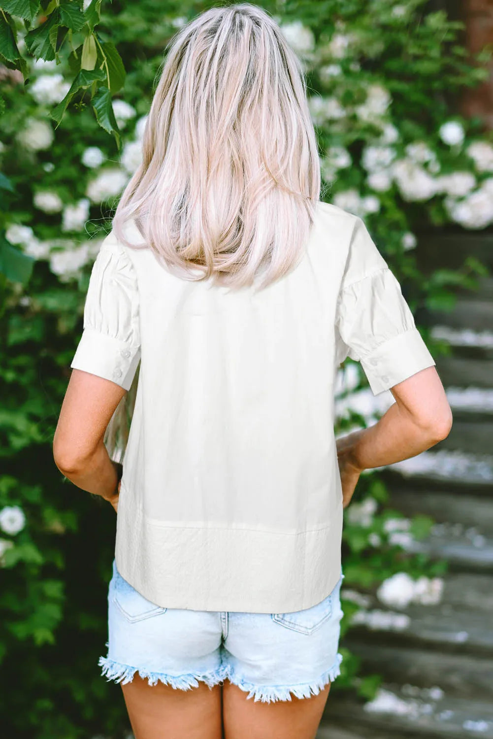 White Solid Color Ruched Bubble Sleeve V Neck Blouse - Chic Meadow Boutique 