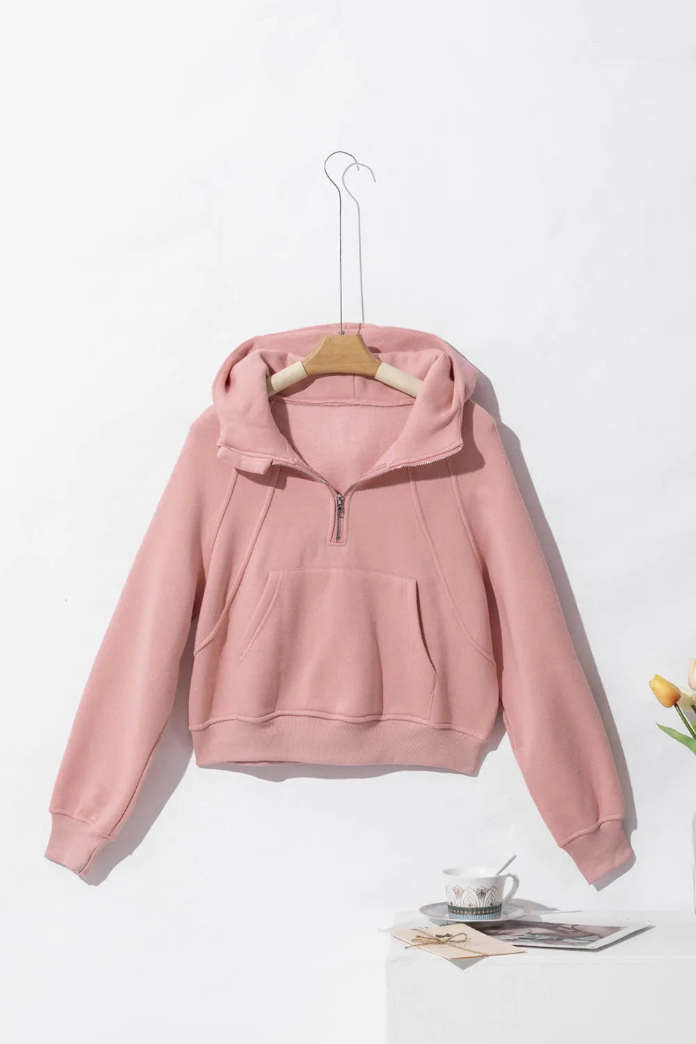 Pink Quarter Zip Kangaroo Pocket Hoodie - Chic Meadow Boutique 