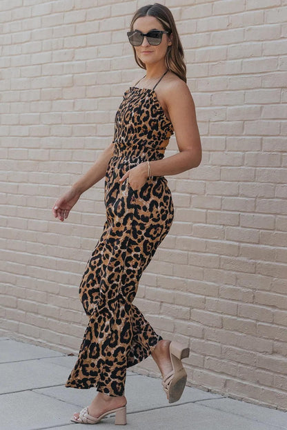 Leopard Print Halter Neck Backless Wide Leg Jumpsuit - Chic Meadow Boutique 