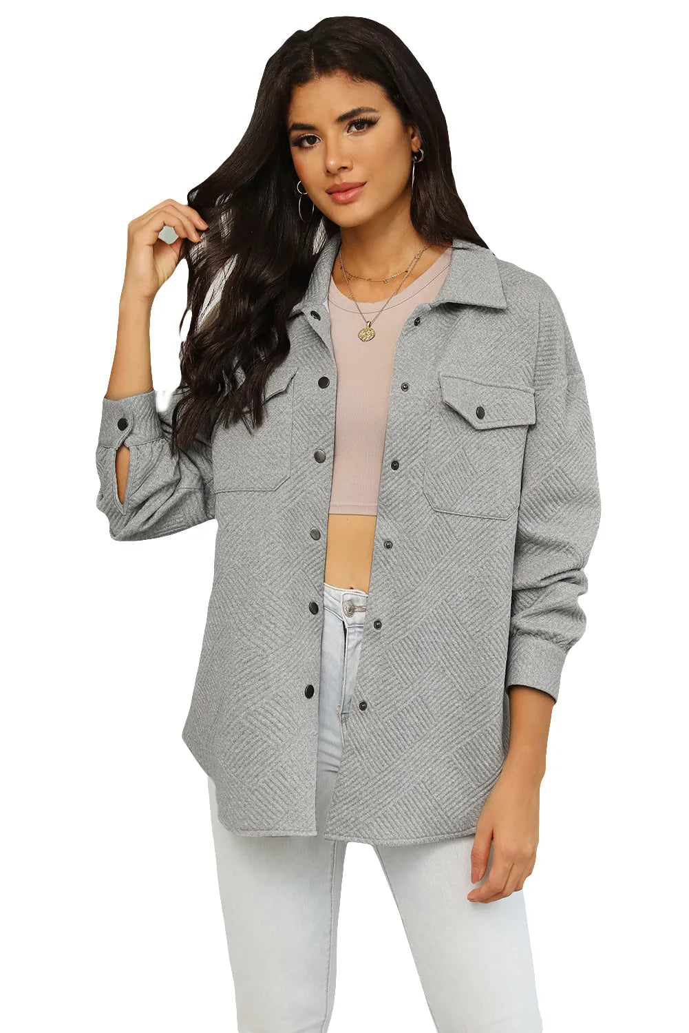 Gray Solid Textured Flap Pocket Buttoned Shacket - Chic Meadow Boutique 