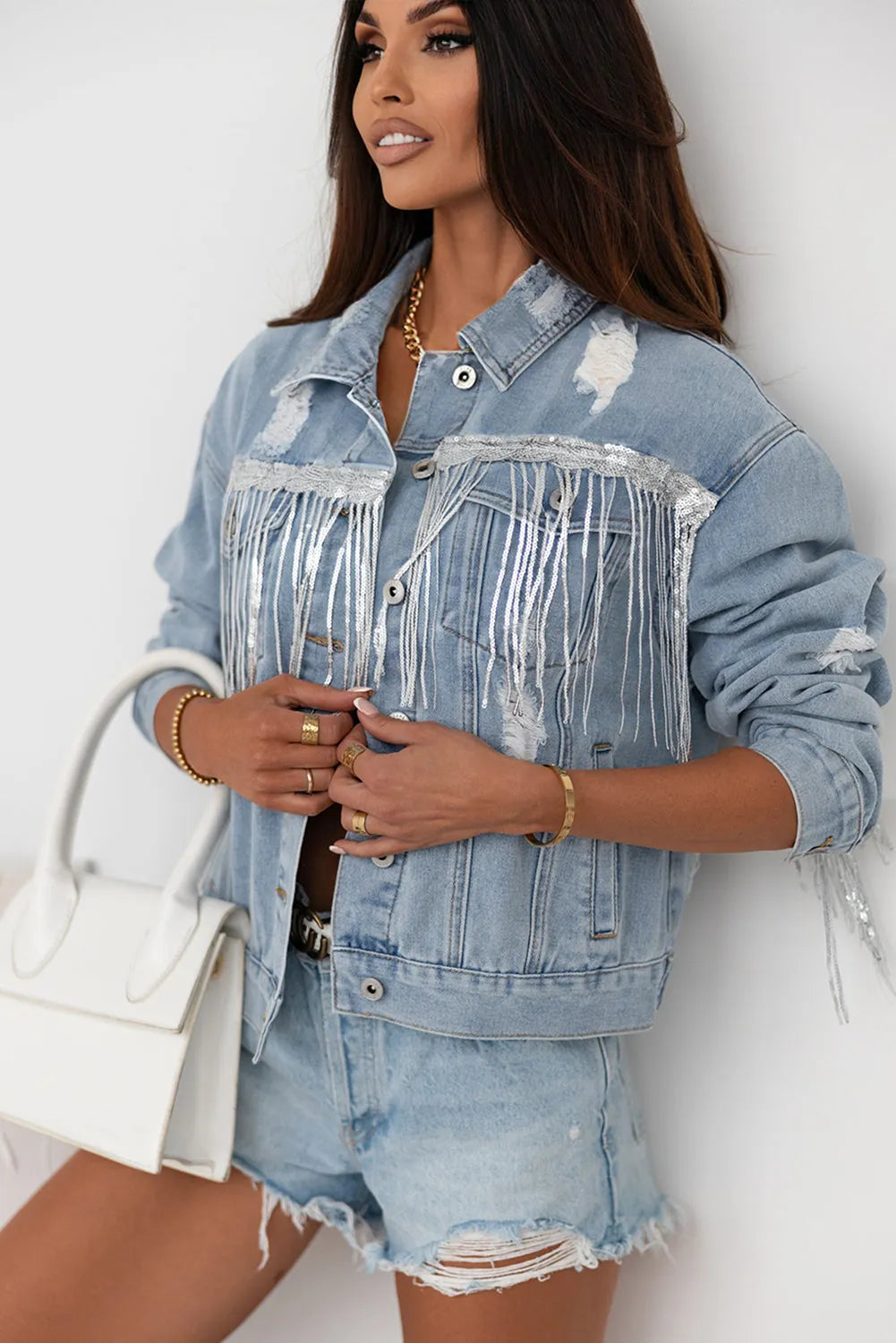 Sky Blue Sequin Embellished Fringe Distressed Denim Jacket - Chic Meadow Boutique 