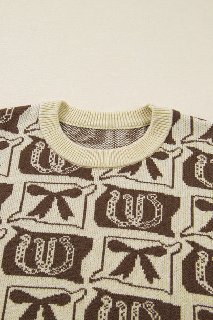 Brown Bow Horseshoe Print Checkered Plus Size Sweater