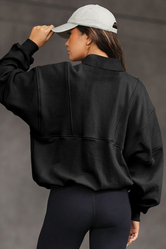 Black Half Zip Stand Collar Exposed Seam Solid Color Casual Sweatshirt