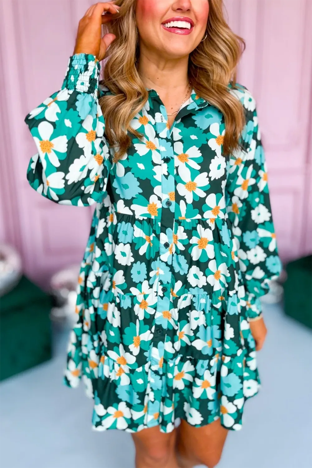 Green Floral Tiered Long Puff Sleeve Shirt Dress - Chic Meadow Boutique 