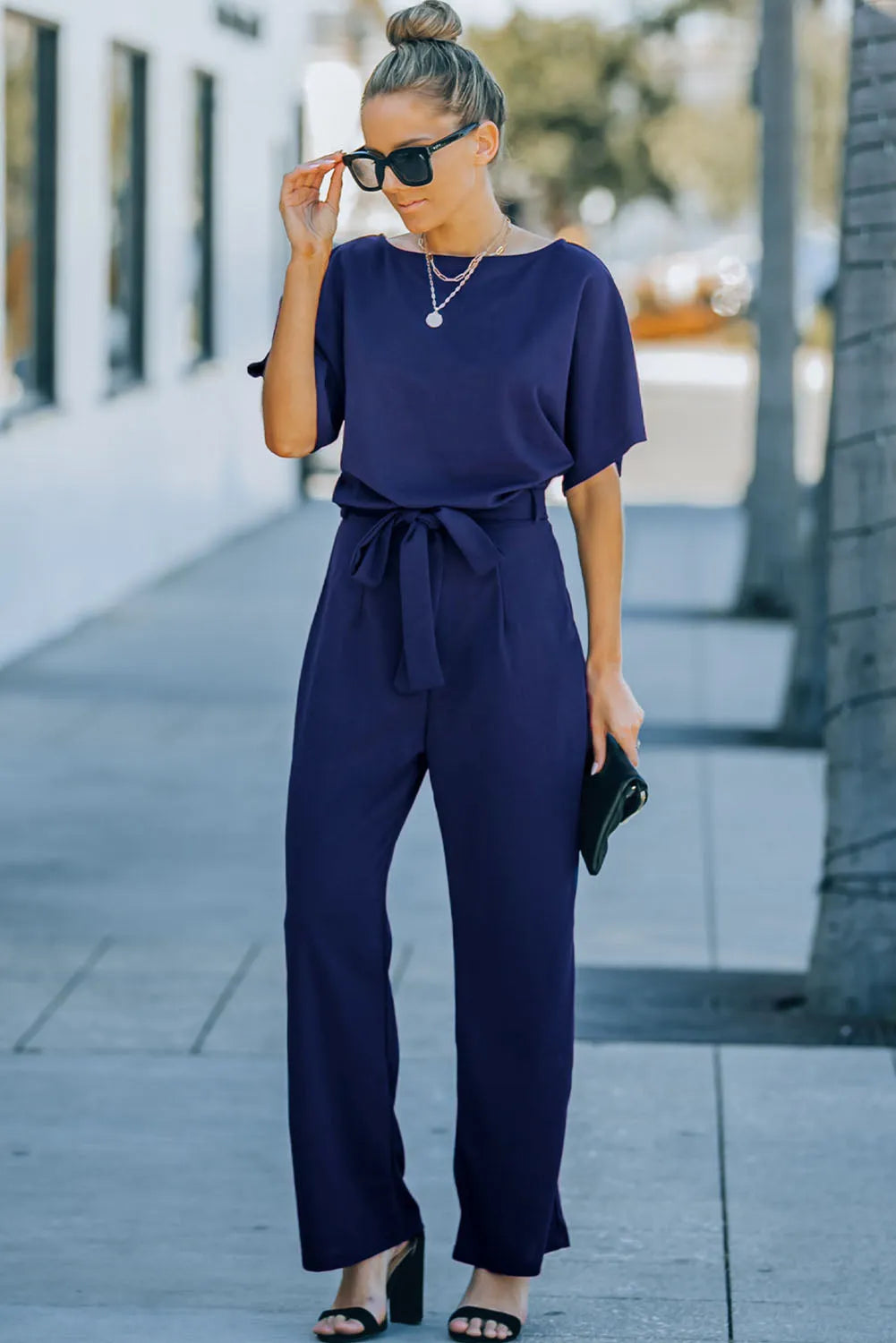 Bottoms/Jumpsuits & Rompers Blue Belted Wide Leg Jumpsuit