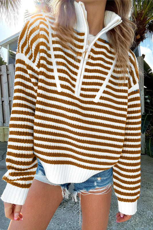 Khaki Stripe Zip up Collar Drop Shoulder Sweater - Chic Meadow Boutique 