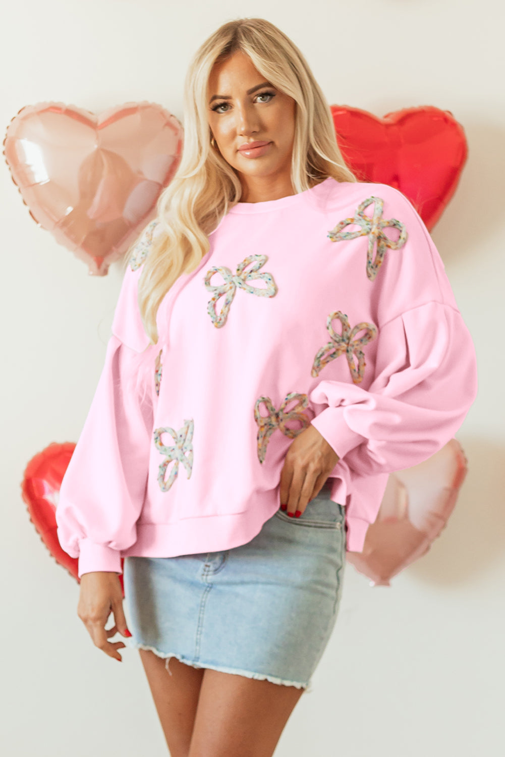 Light Pink Embroidered Bow Lantern Sleeve Oversized Pullover Sweatshirt