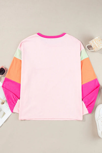 Pink Colorblock Patchwork Long Sleeve Loose Top - Chic Meadow Boutique 