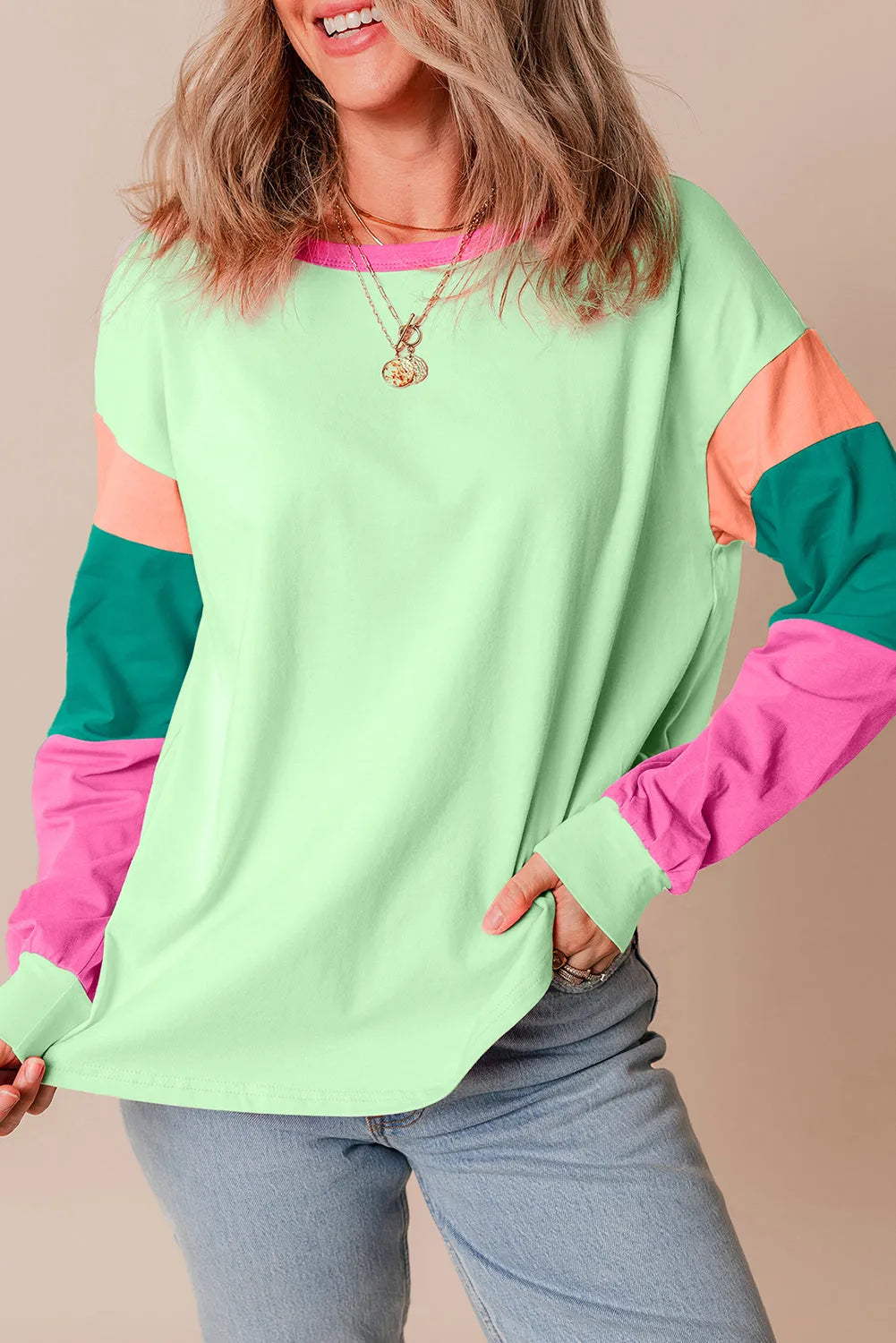 Green Colorblock Patchwork Long Sleeve Loose Top - Chic Meadow Boutique 